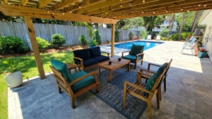 The outdoor seating area at a Tybee Island vacation rental to lounge in after going on a dolphin tour.